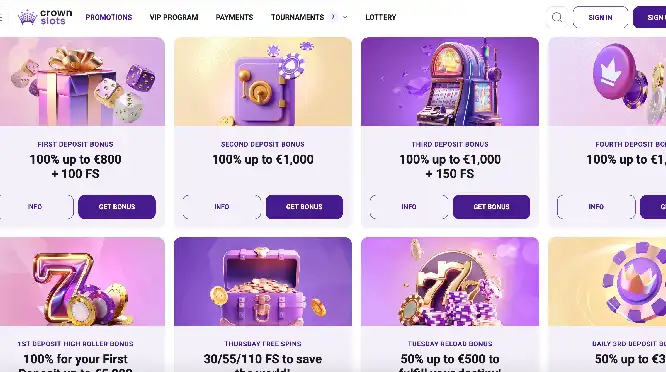 Bonuses and promos at Crownslots casino with free spins and matched deposits