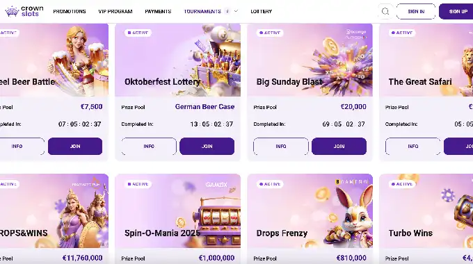 Loyalty program and tournaments in Crownslots casino with comp points