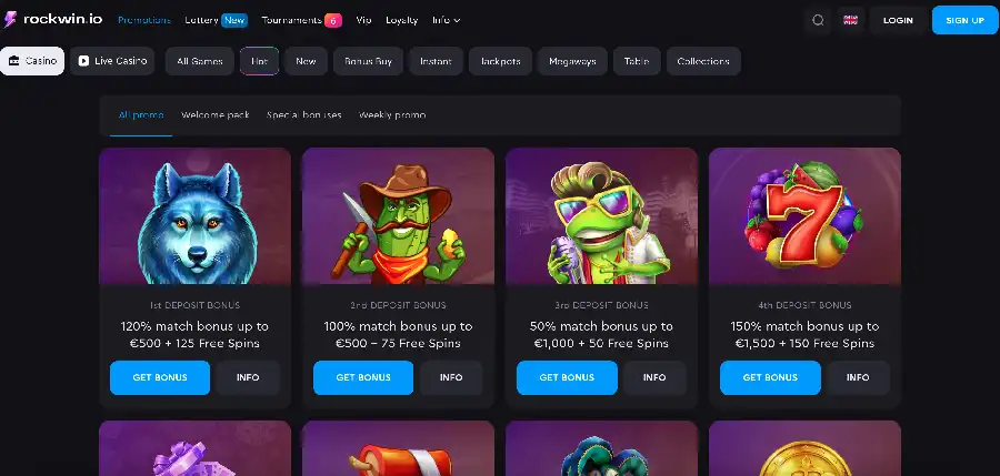 Bonuses for new players at Rockwin casino including welcome pack and no deposit bonus