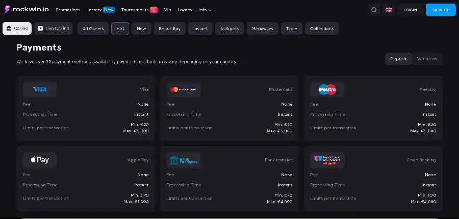 Deposits and withdrawals at Rockwin casino with PayID, cards, e-wallets and crypto