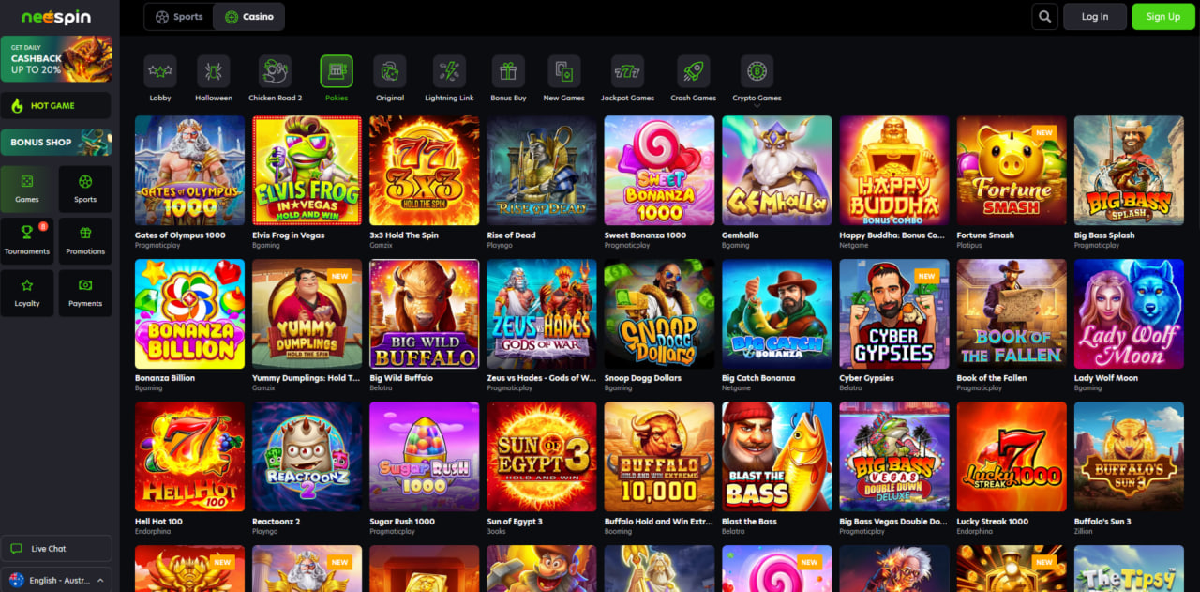 Games and software at casino Neospin including pokies and crash titles