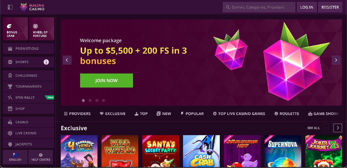 Malina casino homepage layout with main categories and welcome offers Malina casino homepage layout with main categories and welcome offers