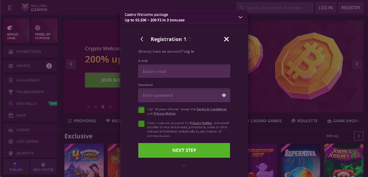 Malina casino registration form with email, password and verification steps Malina casino registration form with email, password and verification steps