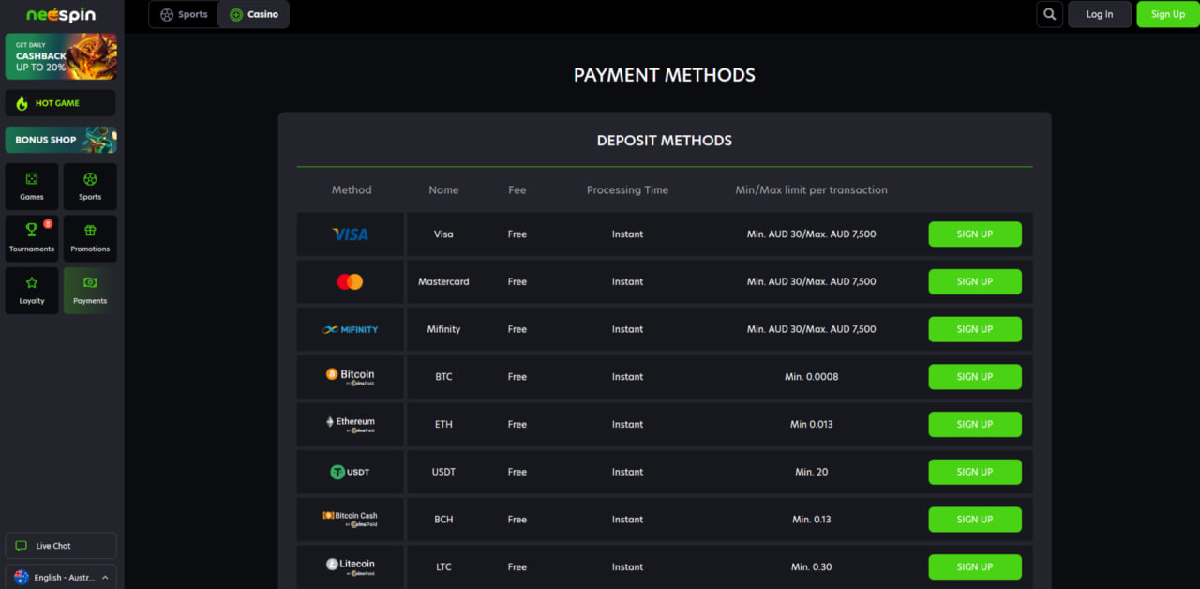 Payment methods at Neospin casino for deposits and withdrawals