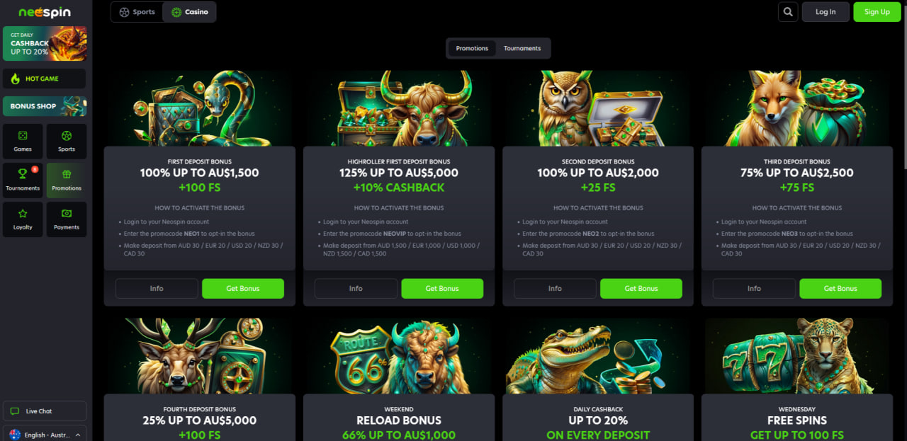 Welcome bonus and promotions at Neospin casino