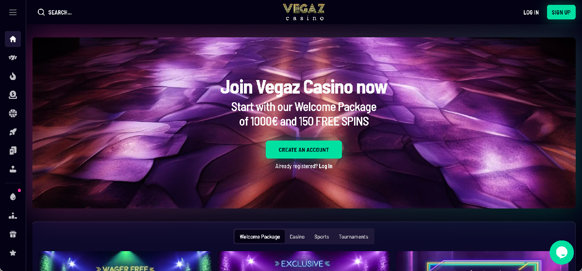 Vegaz casino main interface and navigation layout