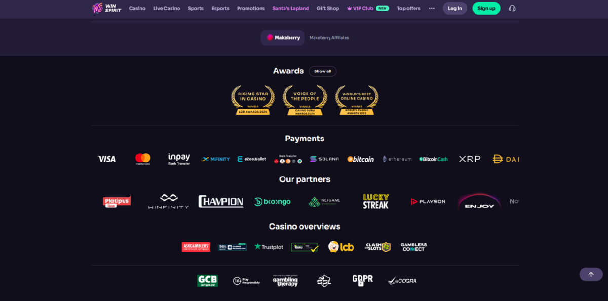 Payment methods at Winspirit casino for deposits and withdrawals