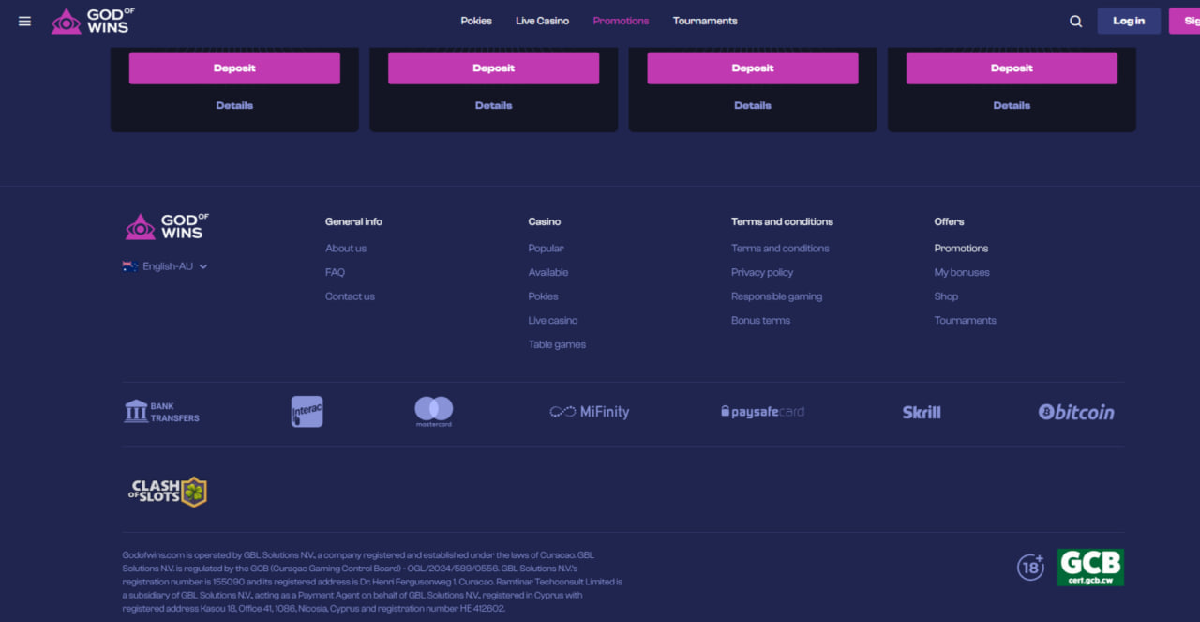 Deposits and withdrawals at God of Wins casino