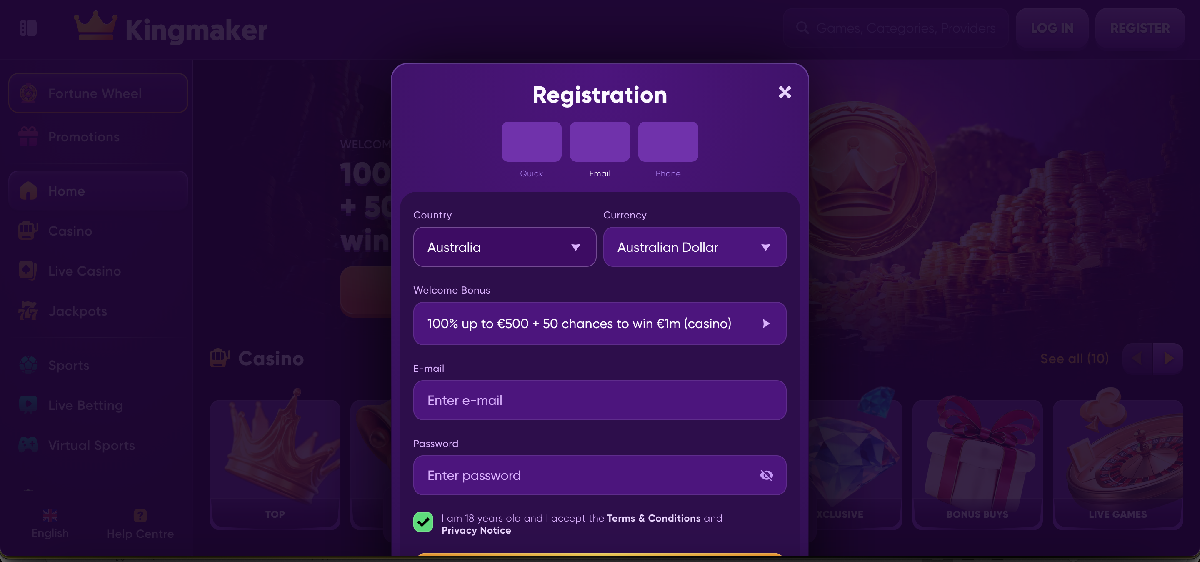 Kingmaker casino welcome bonus with 100 percent match up to 500 AUD Kingmaker casino welcome bonus with 100 percent match up to 500 AUD