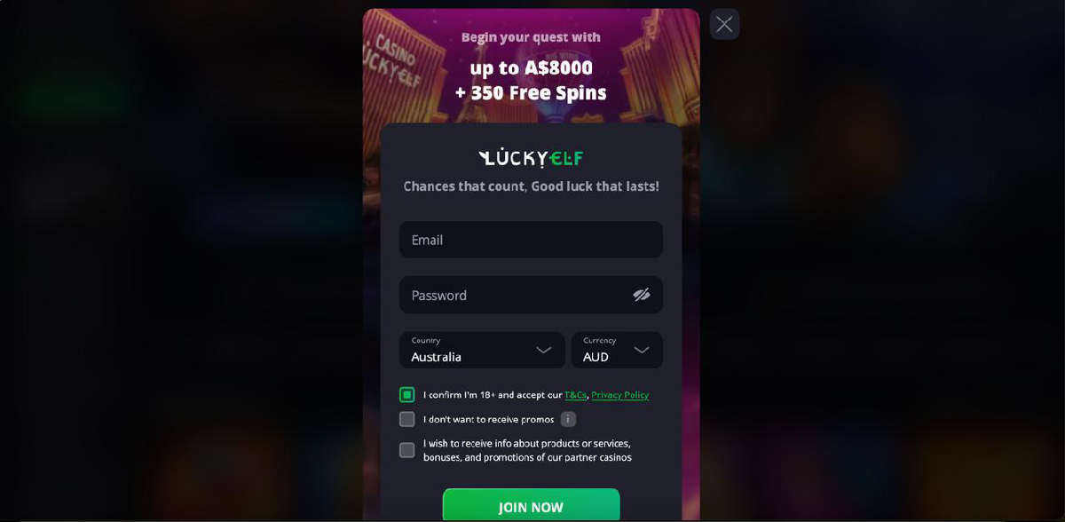 Lucky Elf Casino bonuses after registration with welcome package amounts, free spins distribution, and key wagering conditions