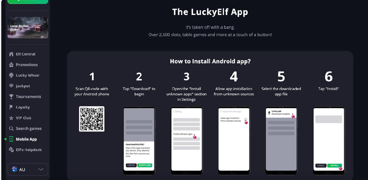 Lucky Elf Casino mobile version and Android application with step-by-step installation and mobile gameplay access