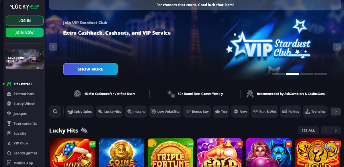 Lucky Elf Casino platform overview showing licence details, launch year, game portfolio, supported currencies, and core technical features