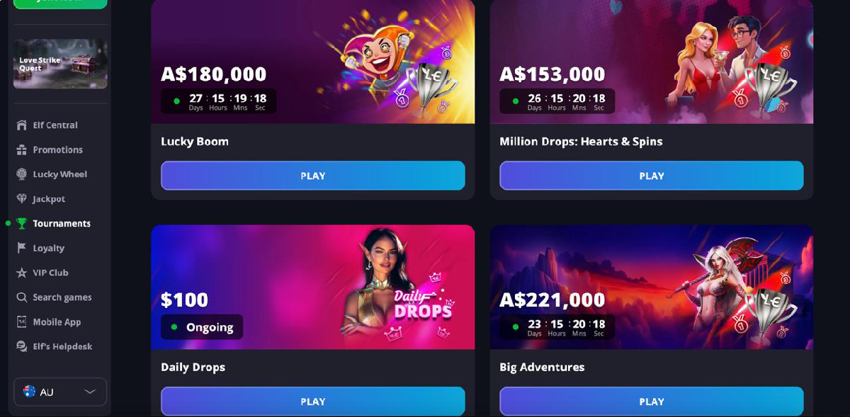 Lucky Elf Casino promotions and tournaments with ongoing campaigns, prize pools, free spins events, and player rewards