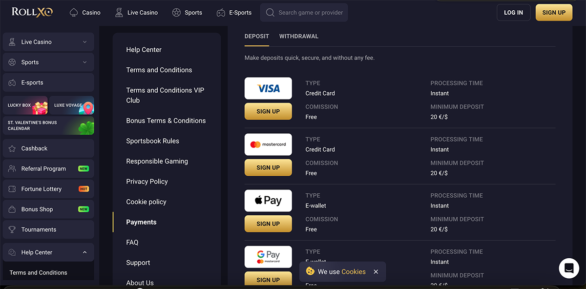 Deposit page at Rollxo casino displaying available payment methods including cards and Apple Pay.