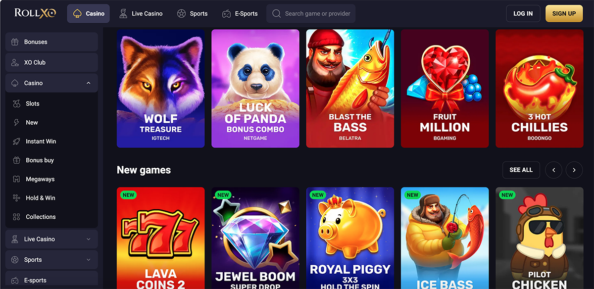 Rollxo casino interface showing pokies categories alongside the sports betting section.