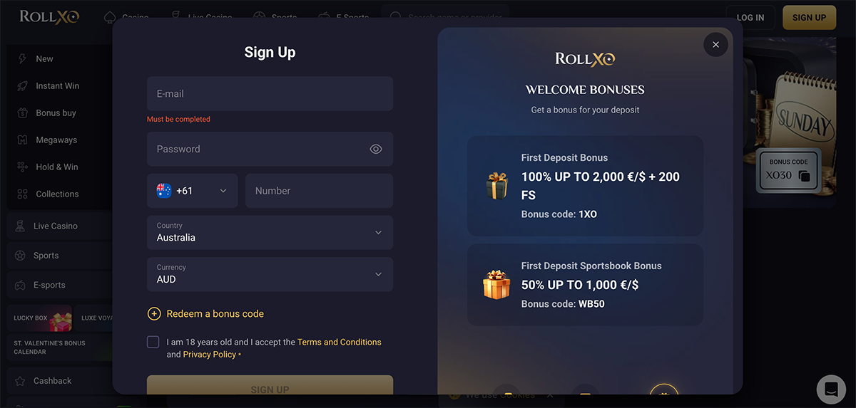 Registration form at Rollxo casino showing account details and bonus code entry fields.