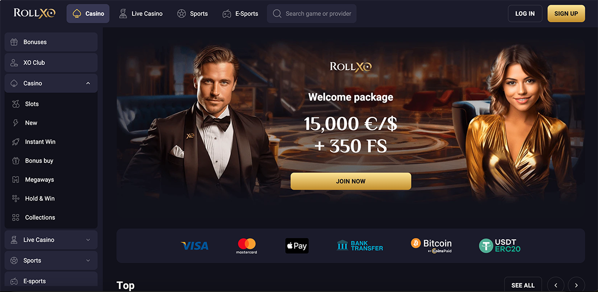 Screenshot showing the Rollxo casino homepage with pokies categories and main navigation sections.