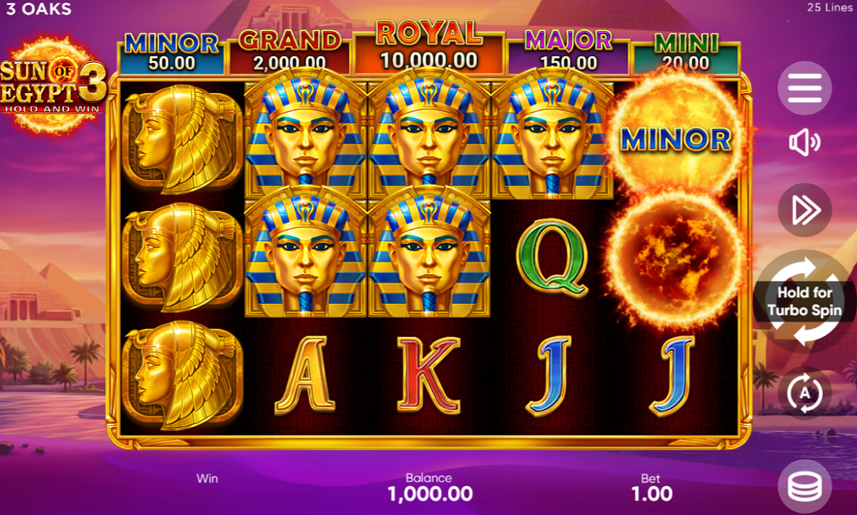 How to play Sun of Egypt 3 online with 25 paylines and Hold and Win feature