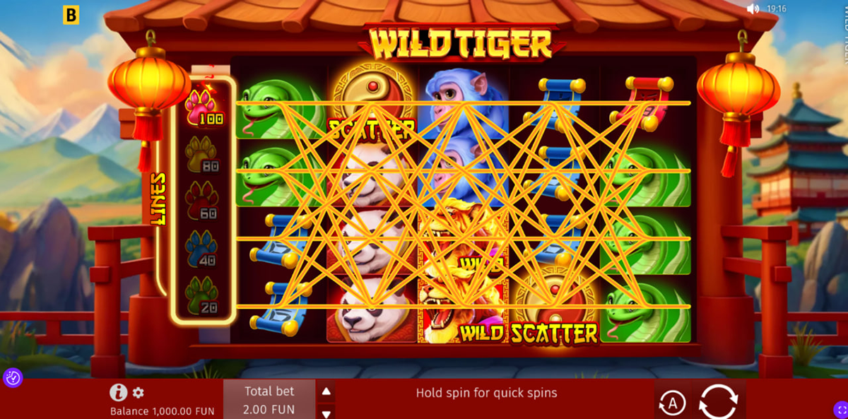 How to play Wild Tiger pokie with adjustable paylines bet controls and spin button