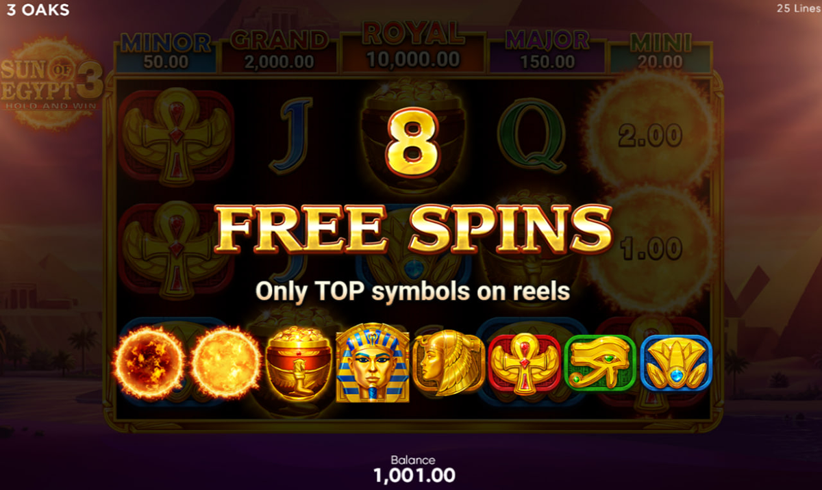 Sun of Egypt 3 bonus features including Hold and Win and Royal jackpot