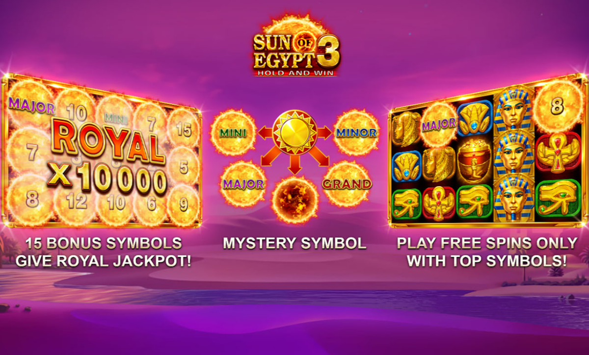 Sun of Egypt 3 pokie review showing 5x3 reels and jackpot interface