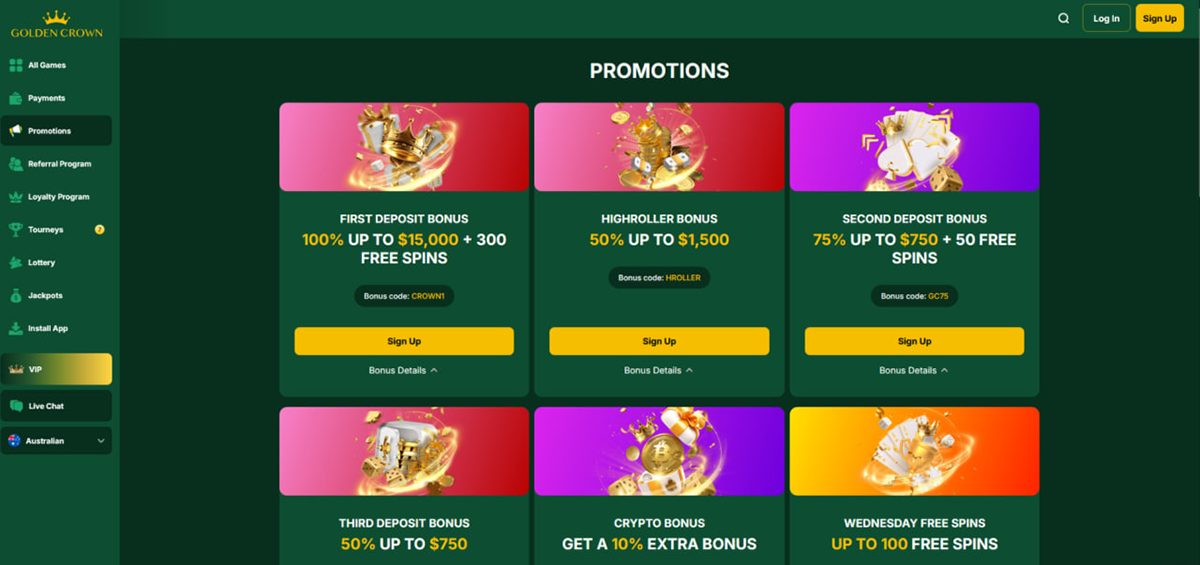Golden Crown bonus welcome offer AU$15000 free spins pokies