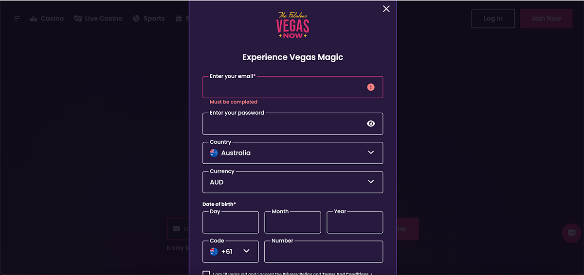How to register at Vegas Now casino step by step guide