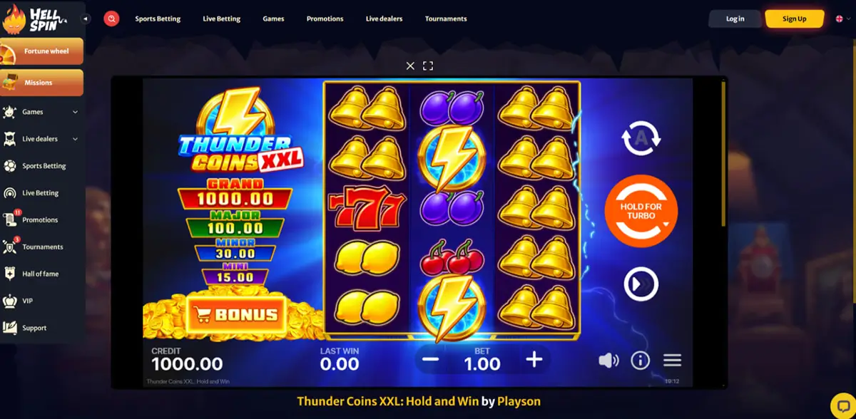 Thunder Coins XXL Hold and Win demo mode with 15 fixed paylines Thunder Coins XXL Hold and Win demo mode with 15 fixed paylines