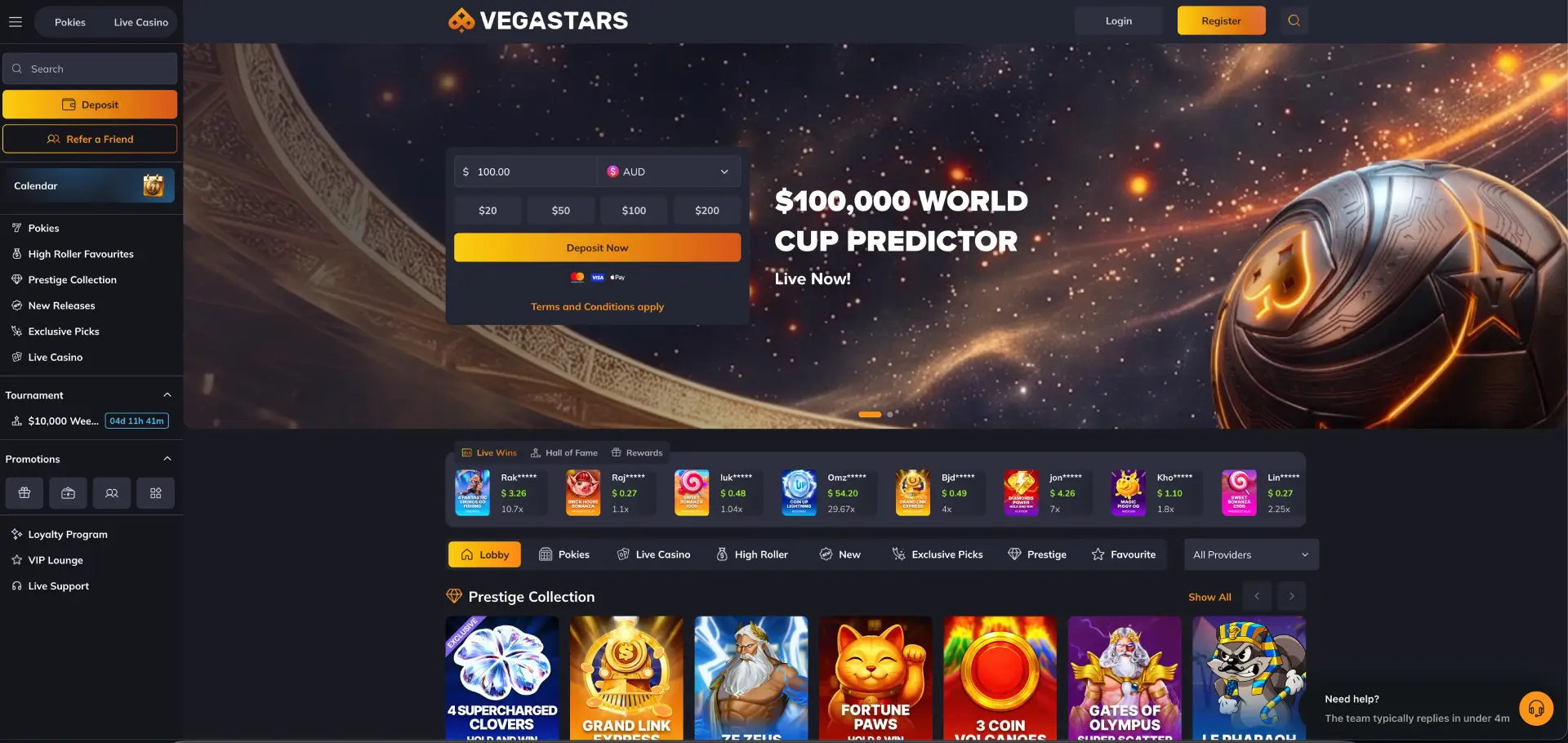 Vegastars casino homepage lobby with AUD deposit panel and pokies Vegastars casino homepage lobby with AUD deposit panel and pokies