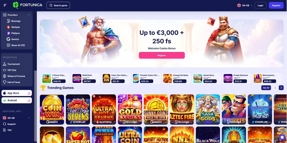 Fortunica casino overview with games, payments and bonus details
