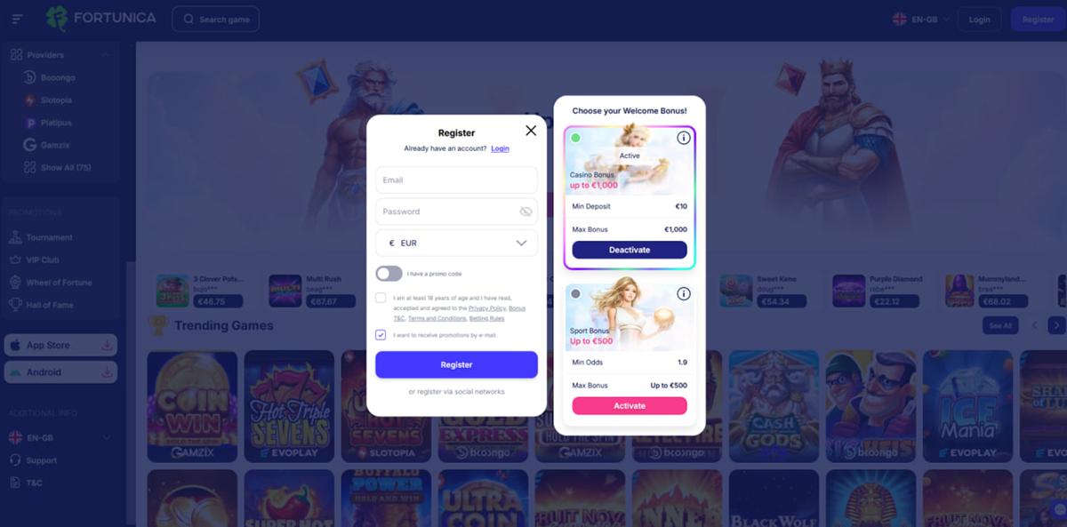 Fortunica casino registration form with bonus and currency selection