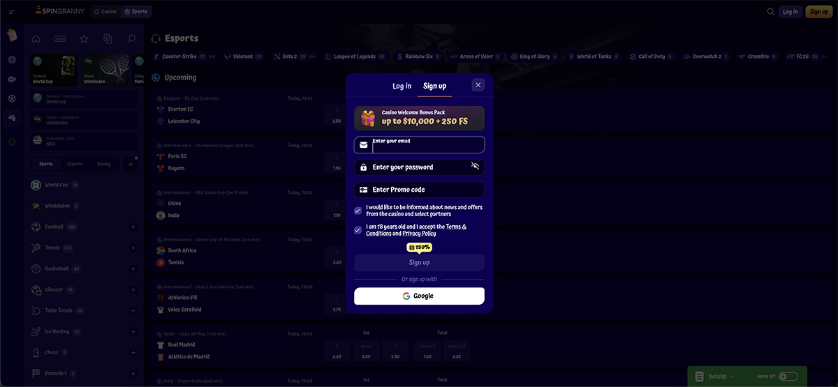 SpinGranny registration form with email password and promo code field for new players SpinGranny registration form with email password and promo code field for new players