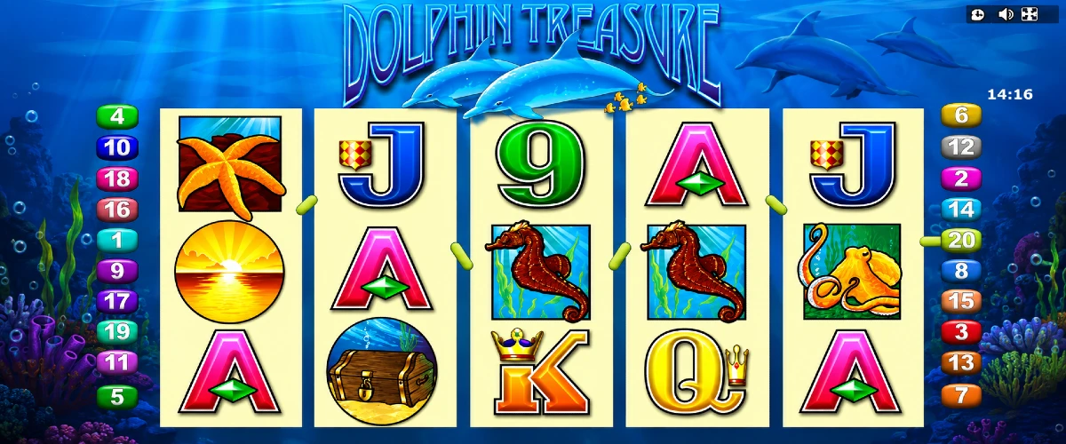 Dolphin treasure bonus features with Wild and Scatter symbols Dolphin treasure bonus features with Wild and Scatter symbols